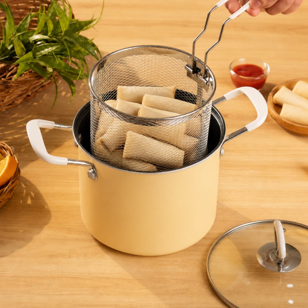 Deep Frying Pot With Strainer Basket