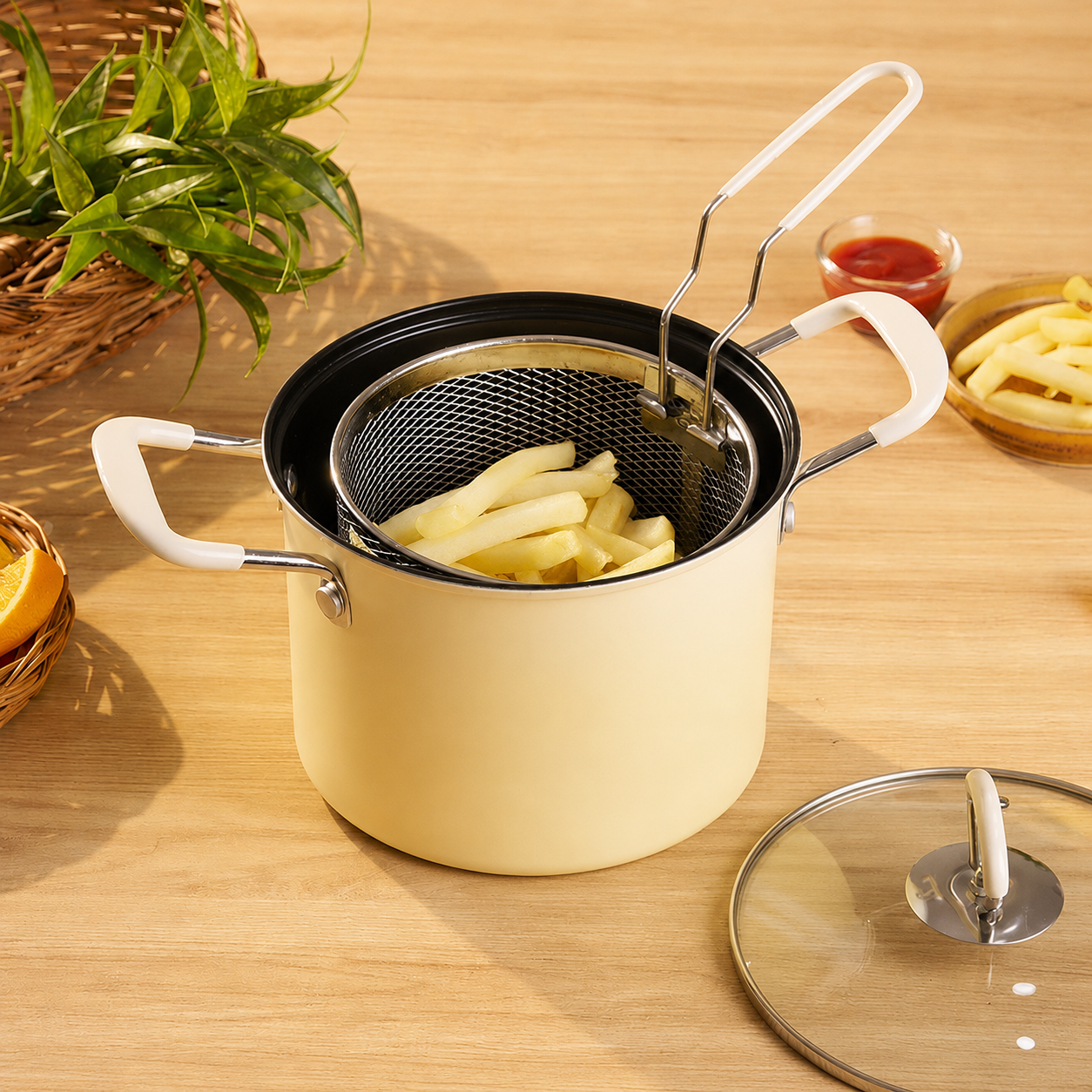Deep Frying Pot With Strainer Basket